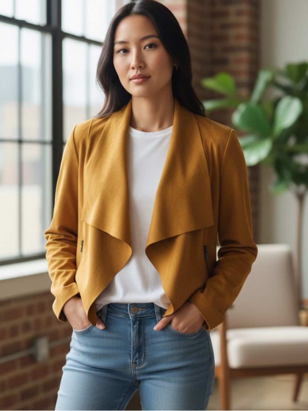 Bagatelle Mustard Draped Open-Front Blazer